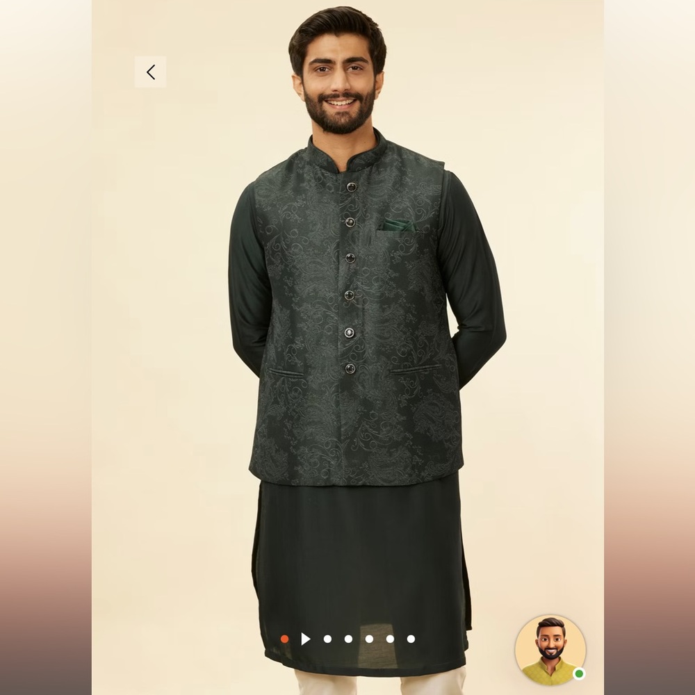 Manyavar Steel Grey/Green Bel Buti Patterned Kurta Jacket Set